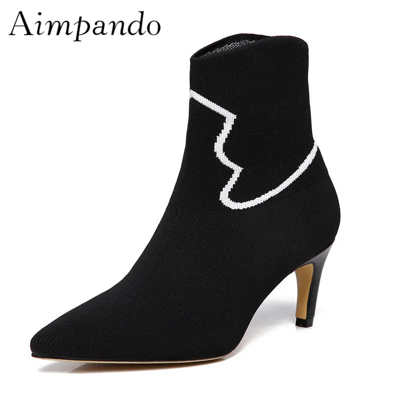 

Autumn Winter New Arrival Ankle Boots Black White Mixed Color Wool Knitted Kitten Heel Runway Botas Mujer