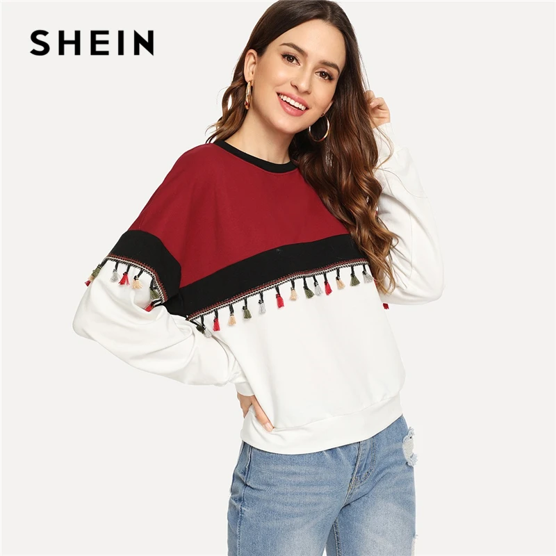 

SHEIN Multicolor Elegant Preppy Cut And Sew Tassel Detail Colorblock Campus Sweatshirt 2018 Autumn Casual Women Sweatshirts