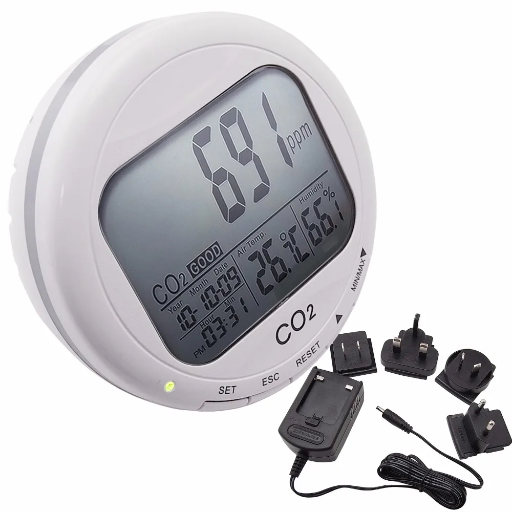 Portable Digital 3-in1 Round Desktop Indoor Air Quality Temperature Humidity RH Carbon Dioxide CO2 Monitor Meter Clock 0~2000ppm Portable Digital 3-in1 Round Desktop Indoor Air Quality Temperature Humidity RH Carbon Dioxide CO2 Monitor Meter Clock 0~2000ppm