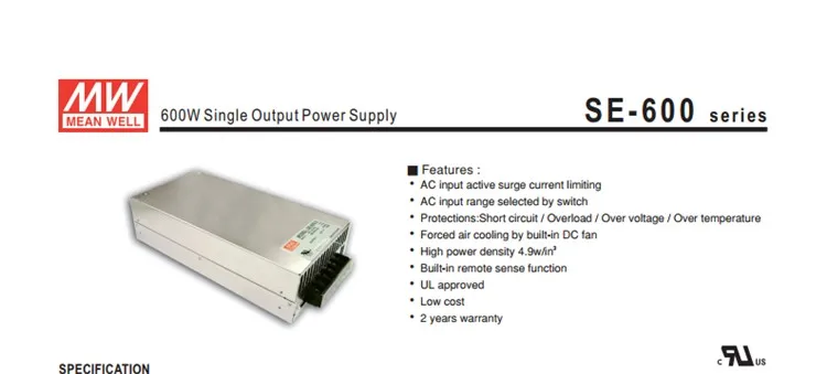 100-240Vac до 48VDC, 600 В Вт, 48 В 12.5A UL перечисленный источник питания светодио дный экран, монитор высокой мощности факт драйвер, SE-600-48