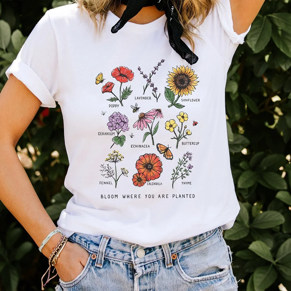 

Bloom Where You Are Planted Botanical Flower Funny T-shirt Women Summer Fashion White Tee Feminist Women Graphic Summer Tops