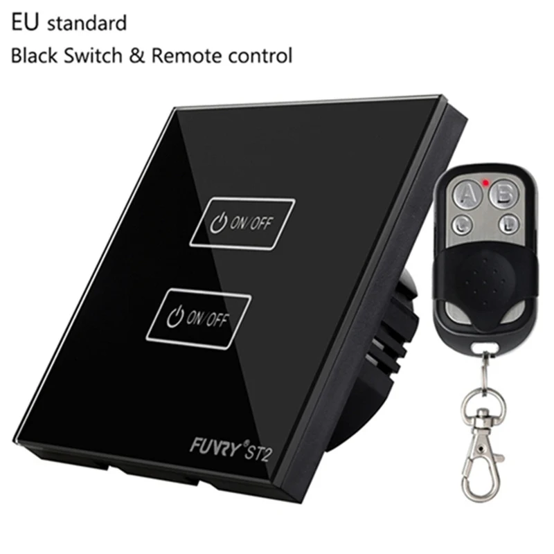 black switch remote Funry ST2 2 Gang ЕС Стандартный Сенсорный экран Смарт-коммутатор поверхности Водонепроницаемый закаленное Стекло 170-240 В RF433MHz Освещение touch переключатель - Цвет: black switch remote