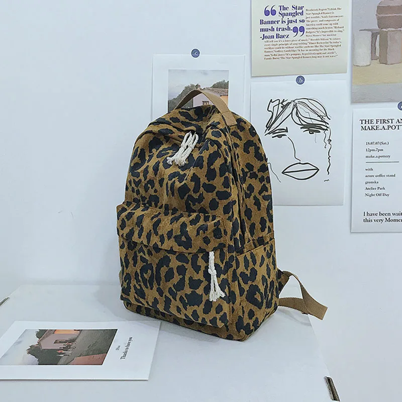  Fashion Female Backpack Leopard Print Corduroy Dual-Straps Woman Travel Backpack Large Capacity Gir - 32957467382