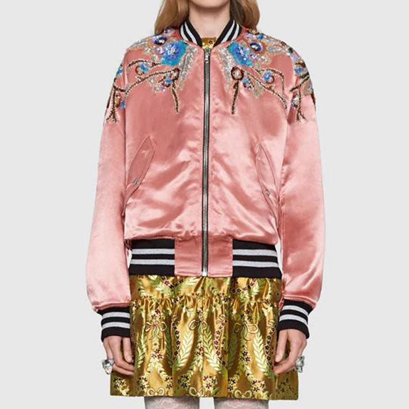 

Luxury Brand Vintage Pink Jacket Coat Women 2018 Runway Designer Floral Embroidery Sequins Ladies Street Overcoat Clothing