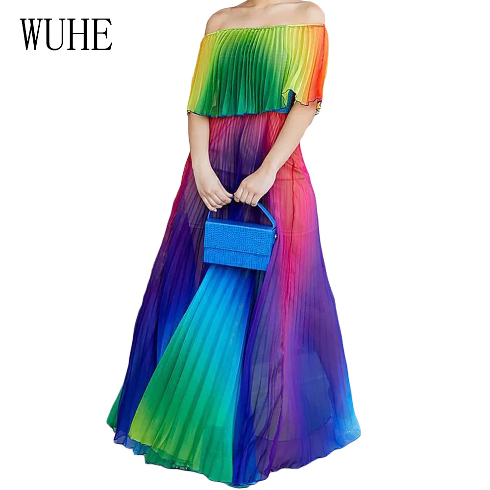 

WUHE Gradient Tie Dye Print Off Shoulder Pleated Chiffon Sexy Ruffle Dress Women 2019 Summer Party Club Elegant Maxi Dresses