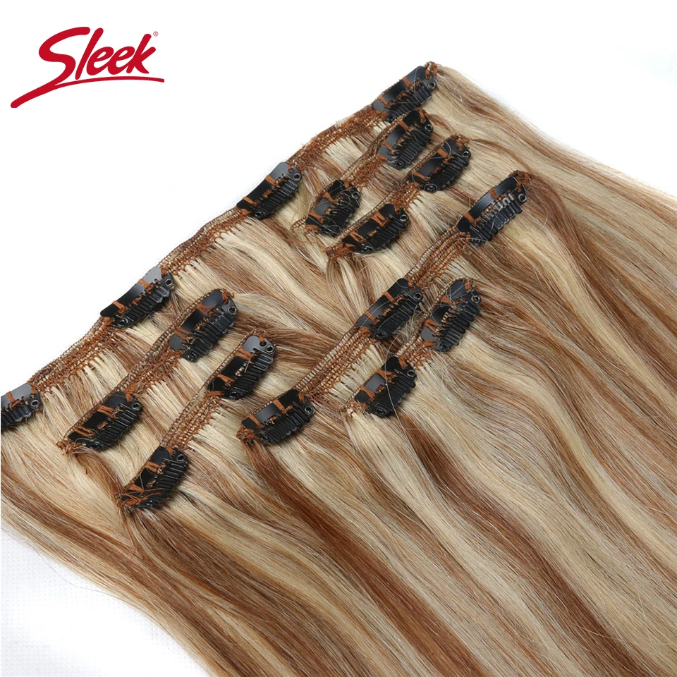 Sleek Clips In Hair 7Pcs  P27/613# P6/613# Human Hair Extensions Brazilian Straight Brown Color 6# Color Remy Hair Extension