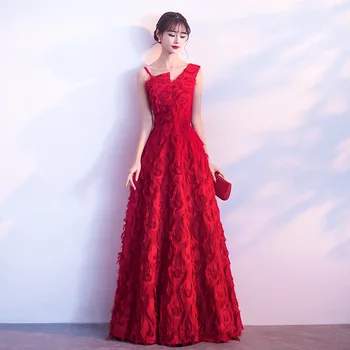 

Full Length Burgundy One Shoulder Bride Wedding Dresses Robe De Soiree Women Satin Sexy Maxi Evening Dress V-Neck Floral Qipao