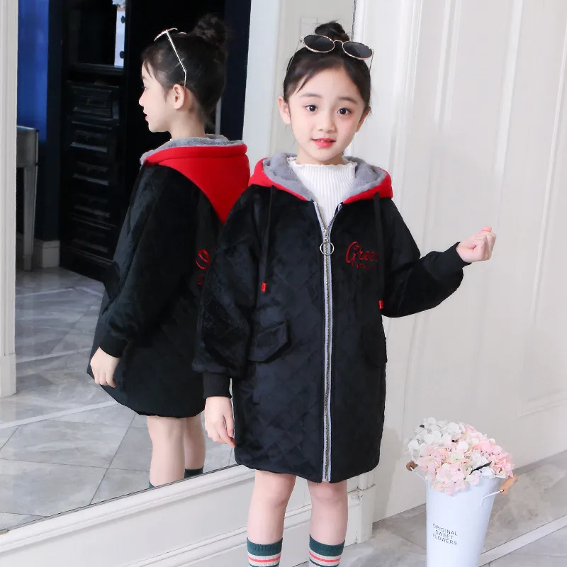 

JMFFY Girls Coat Kids Hooded Winter Outerwear Children Jackets Clothing Warm Coats Thicken Velvet 2018 Girl Clothes Zipper 6-15T