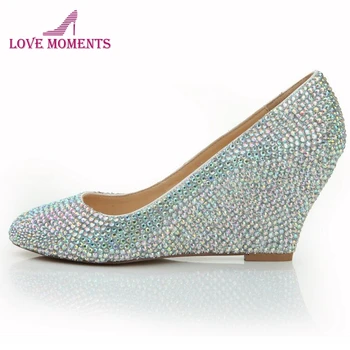 

Rhinestone Wedge Heel Wedding Bridal Shoes Fashion Handmade Prom High Heels AB Color Crystal Round Toe Fashion Nightclub Pumps