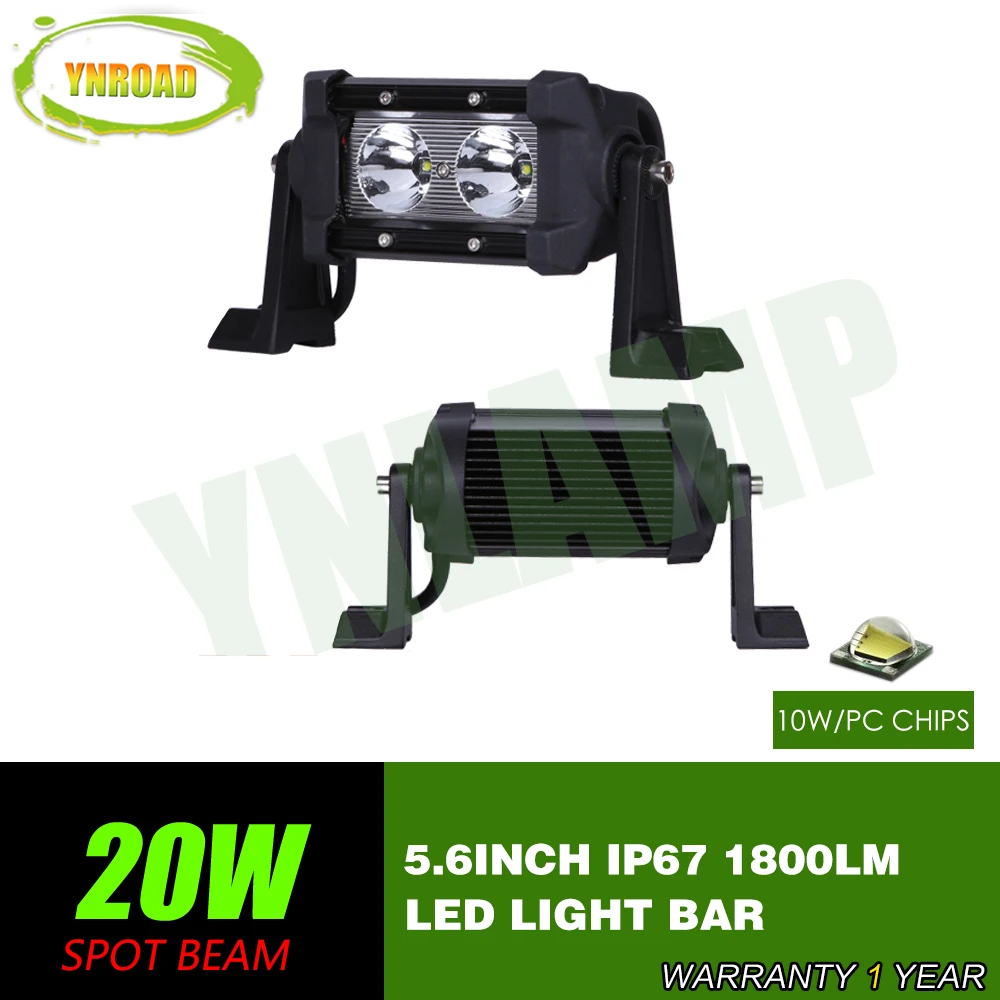 

YNROAD 20w single row Led Light Bar 2x10W work light Driving Offroad Light Spot/flood 10W leds 1800lm 10V- 30V 4x4 IP68