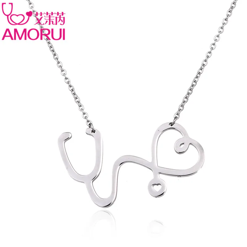 AMORUI Women Heart Necklace Jewelry Stainless Steel Medical Stethoscope Rose Gold/Gold/Silver Color Choker Necklaces Pendants