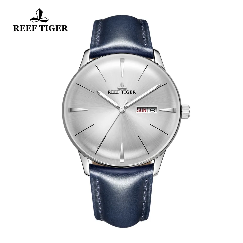 

New Reef Tiger/RT Dress Watches for Men Blue Leather Band Convex Lens White Dial Automatic Watches RGA8238