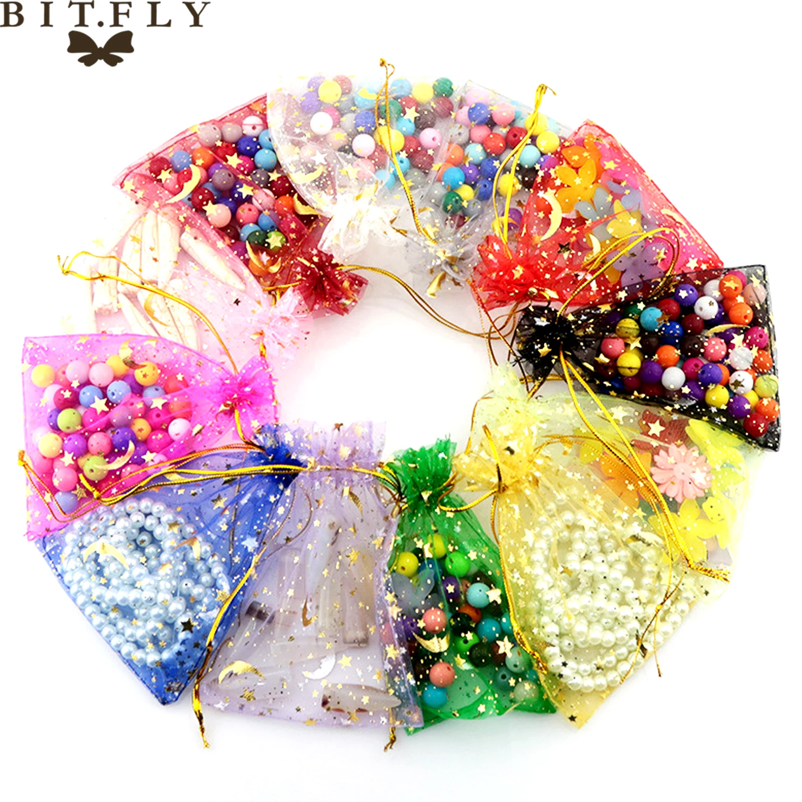 

BIT.FLY 50pcs/lot 7*9cm Star Pattern Organza Drawstring Bag Wedding Candy Bag Christmas Gift Home DIY Decoration Storage Bags
