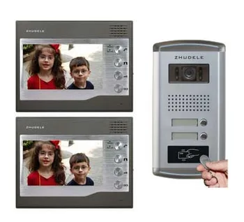 

ZHUDELE Home Security For 2-Apartment 2X7" Video Door Phone Monitor Intercom Doorbell+1X700TVL IR Camera w/t ID Card Unlocking