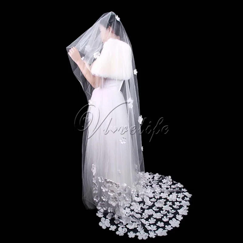 

White Long 2.8cm Wedding Bridal Veils One Layer Embroidery Flower Appliques Tulles Wedding Cathedral Dress Decor Accessories