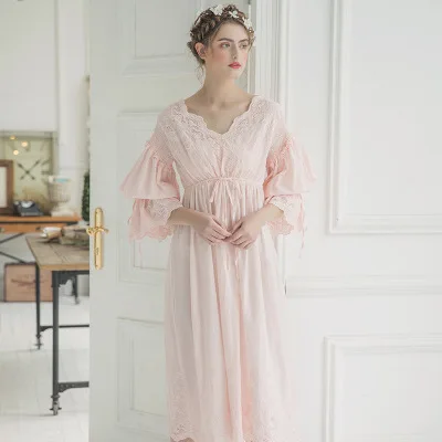 Новинка, осенняя белая хлопковая ночная рубашка, ночная рубашка принцессы, женская одежда для сна, Женская длинная одежда для сна, платье для сна, 2131 - Цвет: pink