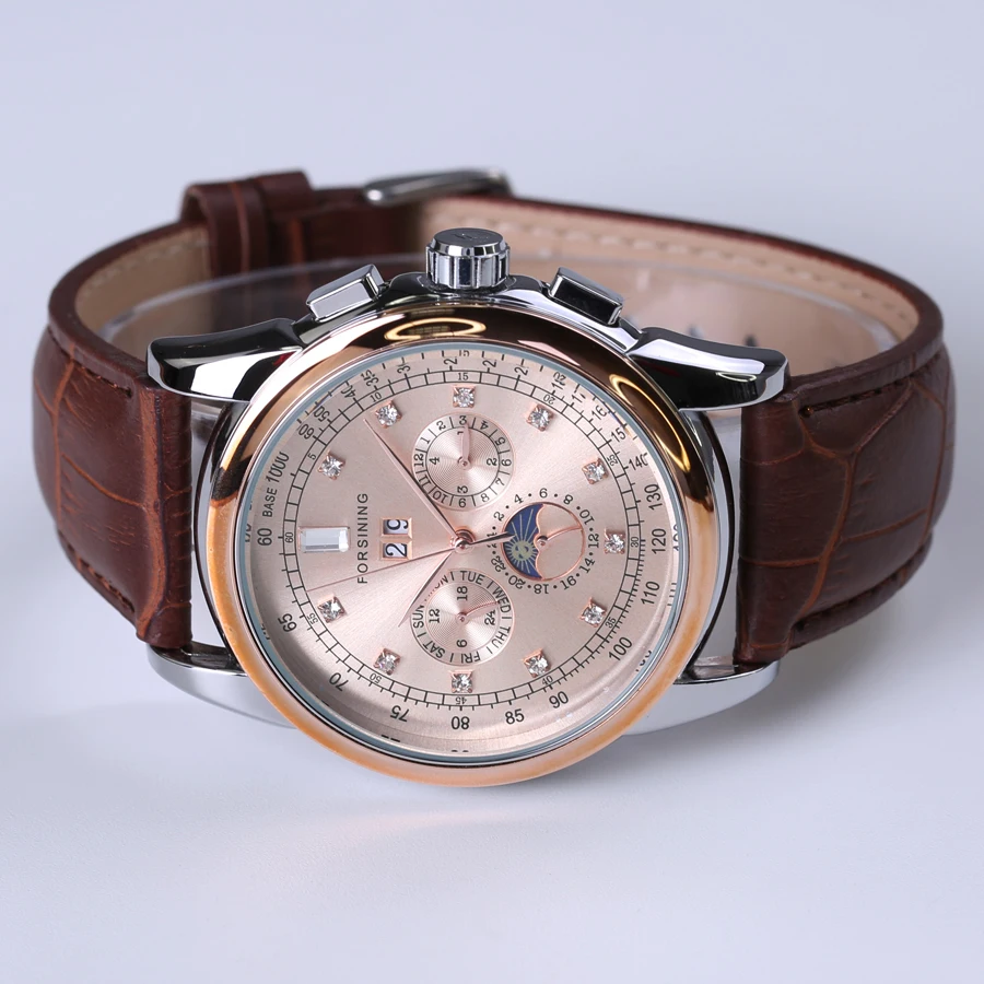 2018 Forsining العلامة التجارية الفاخرة الميكانيكية رجالي ساعات أعلى العلامة التجارية جلد طبيعي فاخر للماء الماس ساعات أوتوماتيكية الرجال