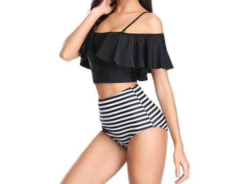 

Fashionable Women High Waist Swimwear Off Shoulder Ruffle Sleeve Bikini Set Sling Bathing Suit Swimsuit Beachwear