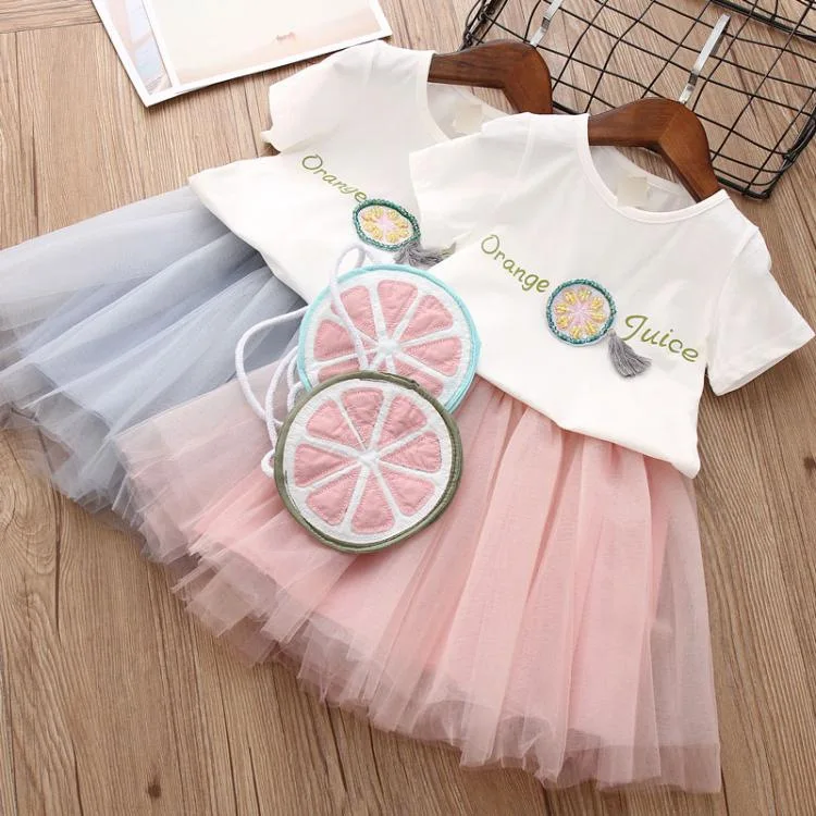 

Summer girl's sweet, pink, grey dress set, T-shirt+skirt