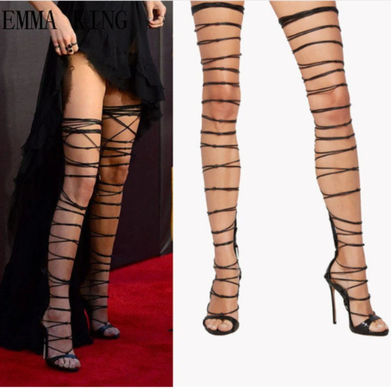 

Sexy Thigh High Boots Lace-up High Heels Stiletto Sexy Gladiator Sandals Women Fashion Black Cross-tied Zip Over the Knee Boots