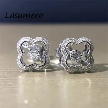 Lasamero 0.096ct 18 К белого золота Цветочные Полые филигрань натуральный Серьги с алмазами Серьги-гвоздики Ювелирные украшения для Для женщин