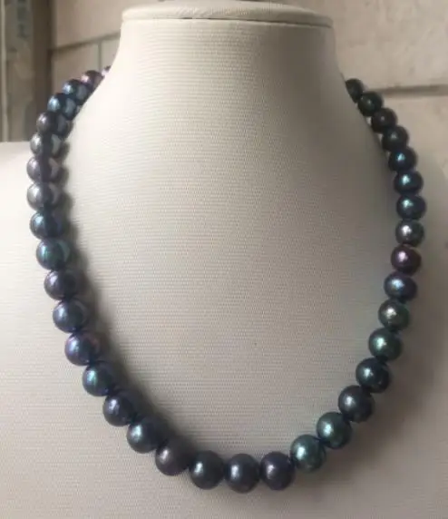 

stunning round 9-10mm Tahitian black green pearl necklace 18inch 925 silver