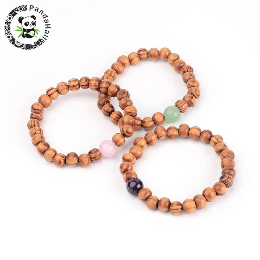 

30pcs Wood Beaded Stretch Bracelets with Natural Stone Green Aventurine Beads, 53mm