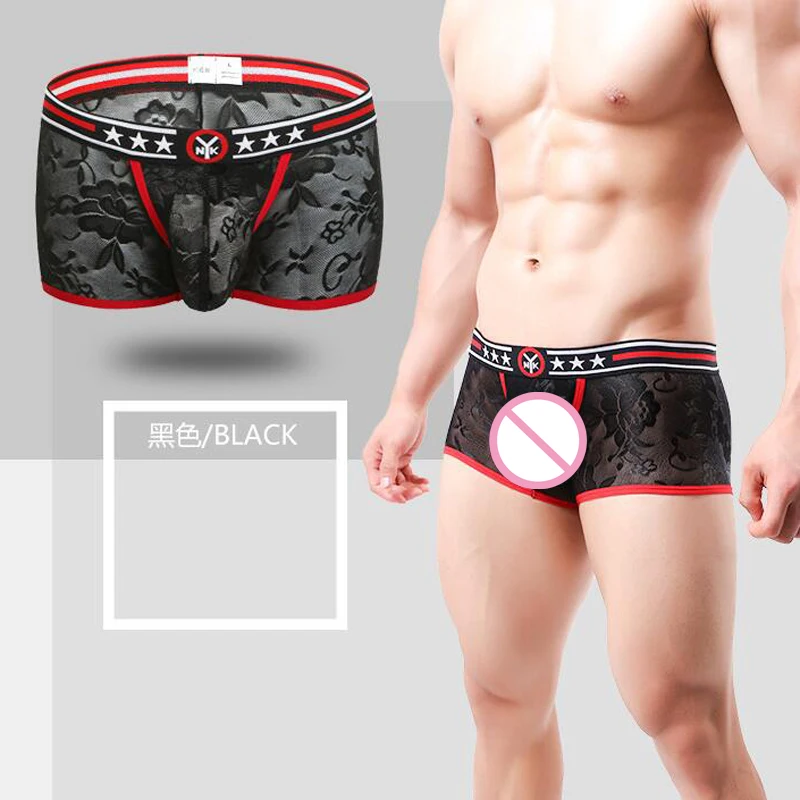 Fashion Men's Lace Transparent Underwear Nylon Comfortable Men Leisure Boxer Shorts Sexy Convex U Pouch Boxer Homme Underpants