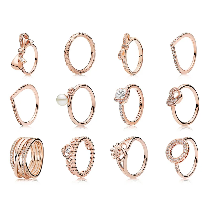

925 Sterling Silver Ring Rose Gold Bow Knot Butterfly Crown Finger Ring Round Pearl For Women Original 925 Wedding