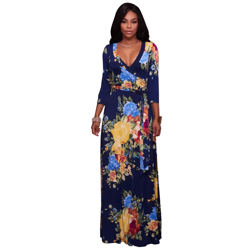 

African Women's Maxi Dress Elegant Floral Print Bohemian Sexy Fashion V Neck Floor Length Casual Party Evening Long Dress 2018