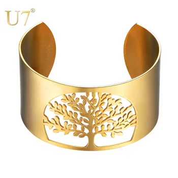 

U7 Tree of Life Cuff Bracelet Big Bangle Vintage Gold / Stainless steel Color Men Women Hand Jewelry for Christmas Gifts H1068