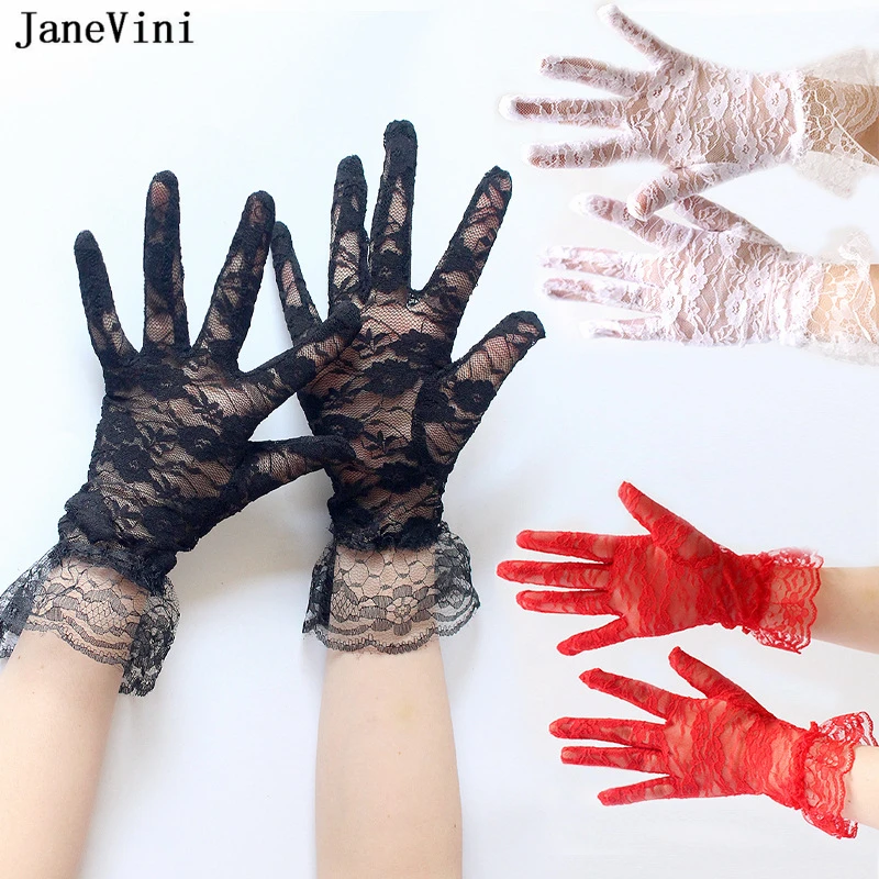 JaneVini Sexy Black Red White Full Finger Lace Short Bridal Gloves Wrist Length Cheap Wedding Accessories Guantes Novia Cortos