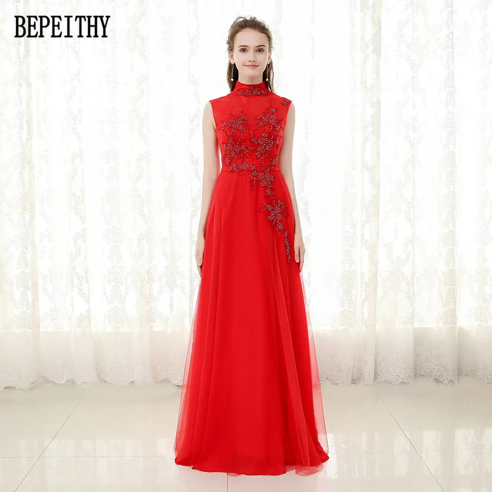 30  BEPEITHY Vestido De Festa High Neck New Design Beads Prom Dress Beads A-Line Red Long Evening Dresses 2017 (1)
