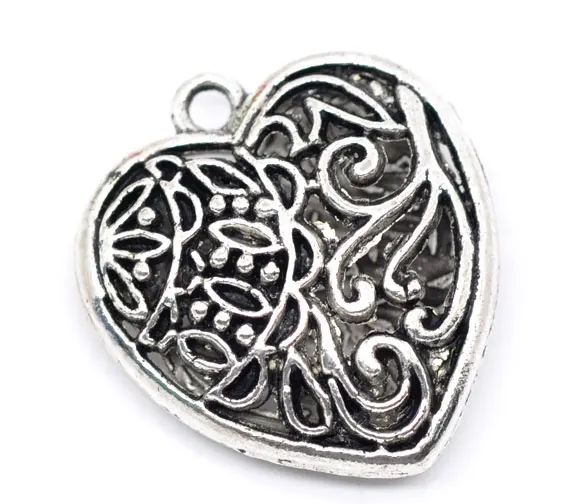 

DoreenBeads Zinc metal alloy Charm Pendants Heart Antique Silver Flower Hollow Pattern 28.0mm(1 1/8") x 25.0mm(1"), 1 Pc
