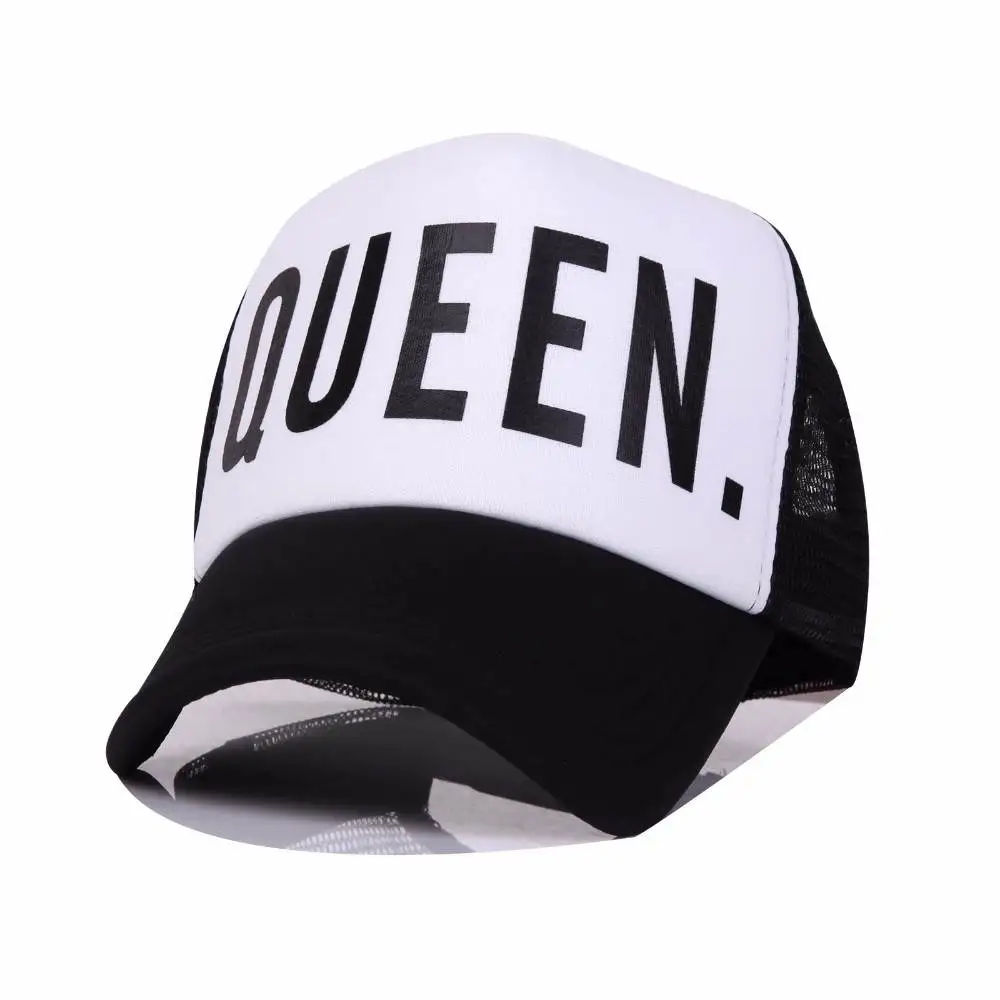 Новинка, Кепка-бейсболка с принтом KING QUEEN для мужчин и женщин, Полиэстеровая сетка, летний плоский козырек, Кепка Snapback, белый, черный цвет, подарки для пары - Цвет: white queen