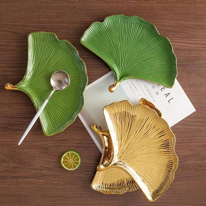 

Ginkgo Leaf Ceramic Snack storage Plate Dessert Salad Jewelry Porcelain Storage Tray Dinnerware home Restaurant Hotel Decor