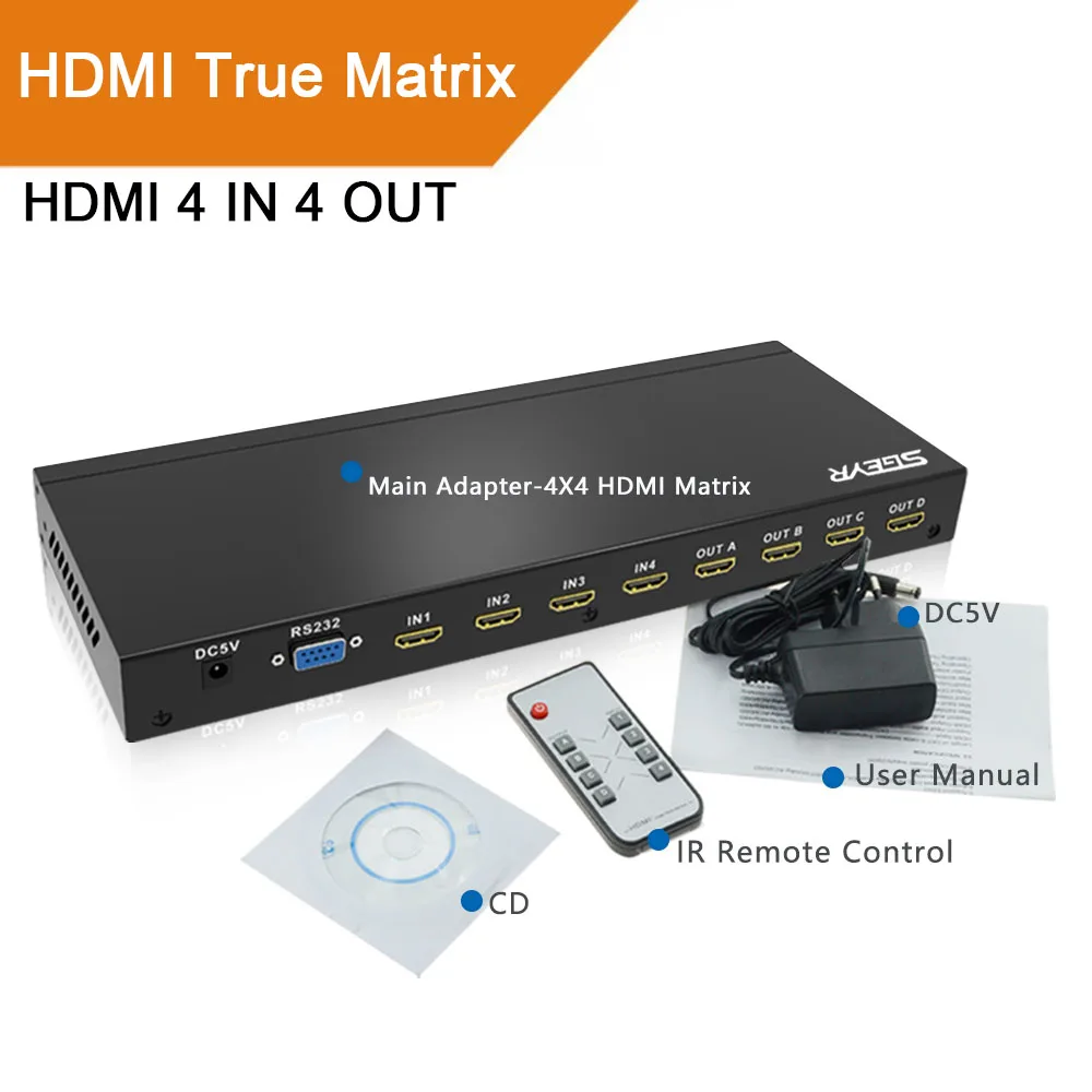 SGEYR HDMI Switch Splitter 4x4 Matrix with Remote control RS 232 and Power Adapter Support Full