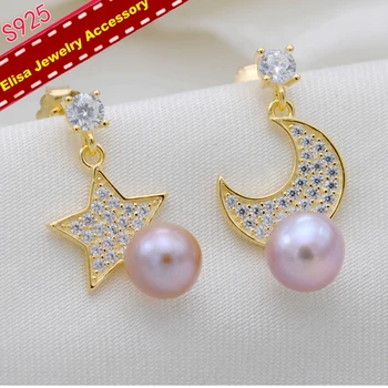 

Moon&Star Drop Earrings Holder S925 Sterling Silver Pearl Earrings Components Silver&Gold Color 3Pairs/Lot