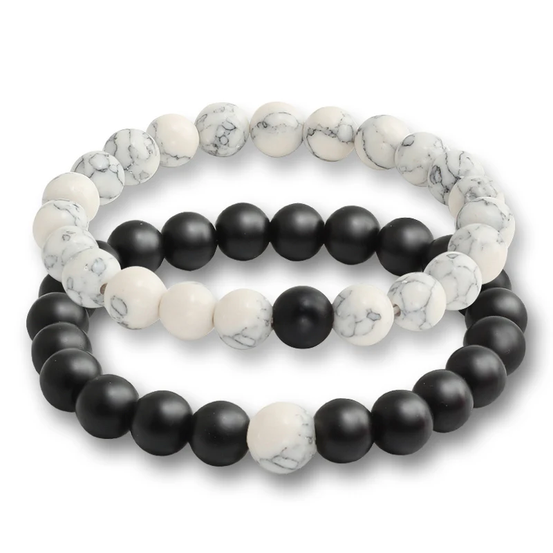 white and black 2 шт./компл. Браслеты для Для женщин камень из натуральной лавы бело-черные Инь Для мужчин из бисера браслет пары расстояние браслеты для йоги любовь - Окраска металла: white and black