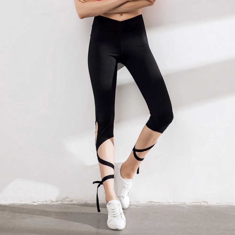 Women Ribbon Tight Fitness Pants Ballet Dance Yoga Trouser Slim Push Up