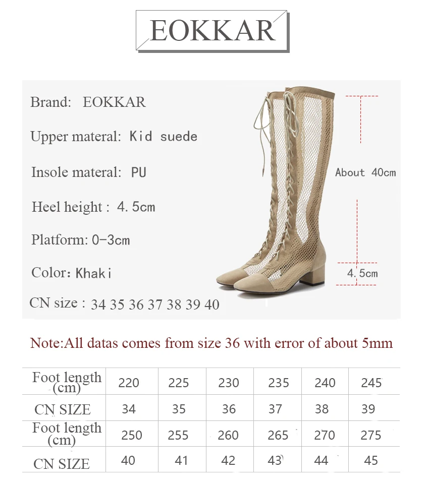 Eokkar/ г. Женские замшевые сапоги до колена весенняя обувь с квадратным носком на среднем каблуке элегантные сапоги на шнуровке на молнии размеры 34-40