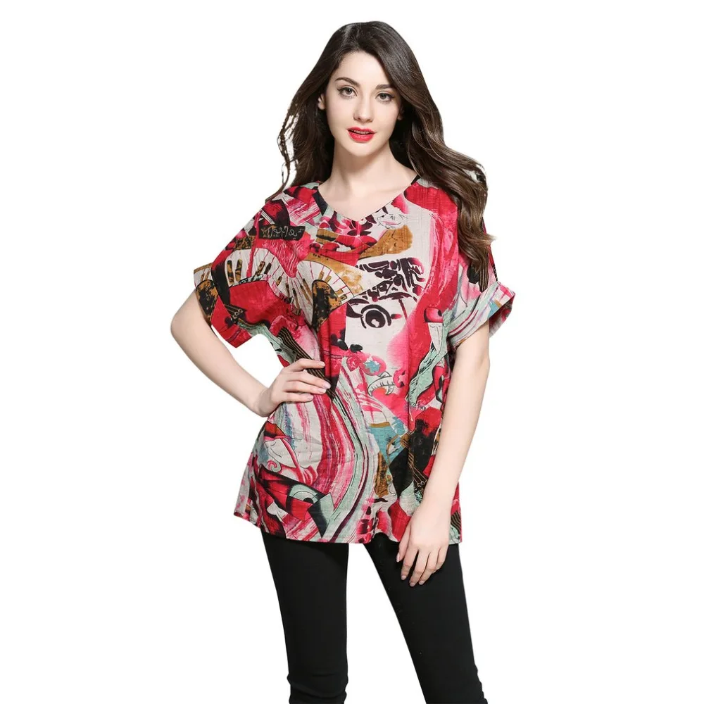 Plus Size Spring Women Cotton Linen Tshirts Fashionable Design Floral