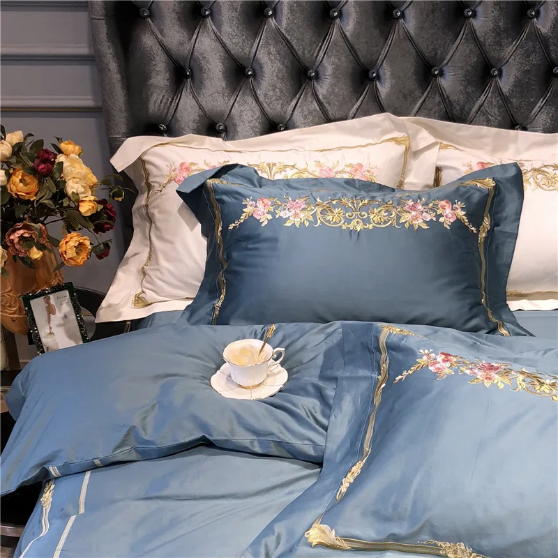 Discount Champagne Blue White Luxury Royal Embroidery 100S Egyptian Cotton Palace Bedding Set Duvet Cover Bed sheet/Linen Pillowcases 53
