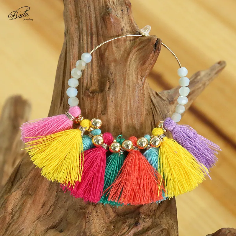 Женские богемные серьги Badu большие разноцветные Серьги с кисточкой и бусинами