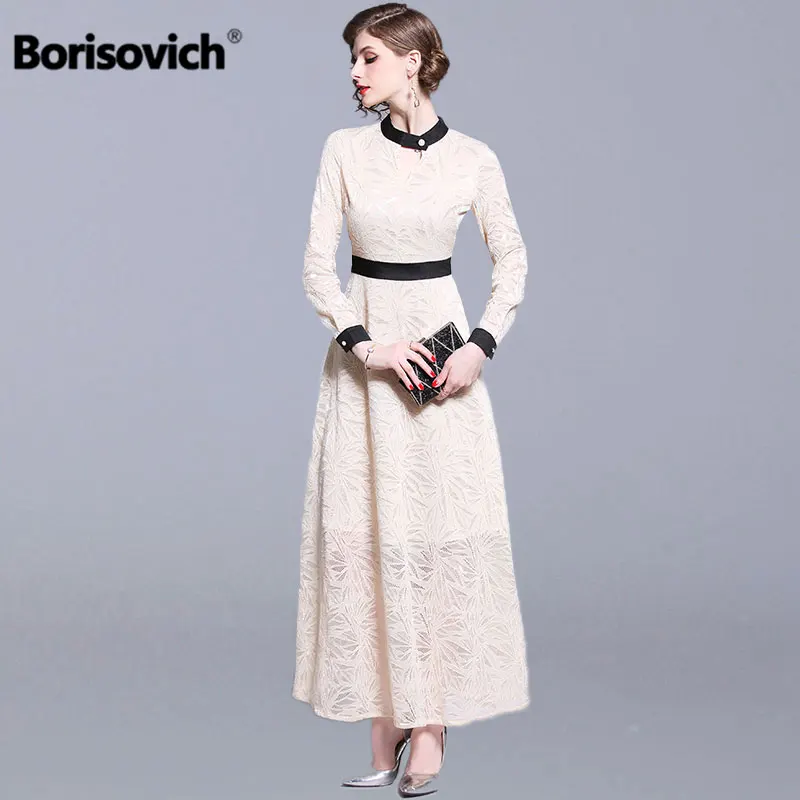 

Borisovich Women Lace Long Dresses New Brand 2019 Spring Fashion England Style Big Swing A-line Elegant Ladies Party Dress N827