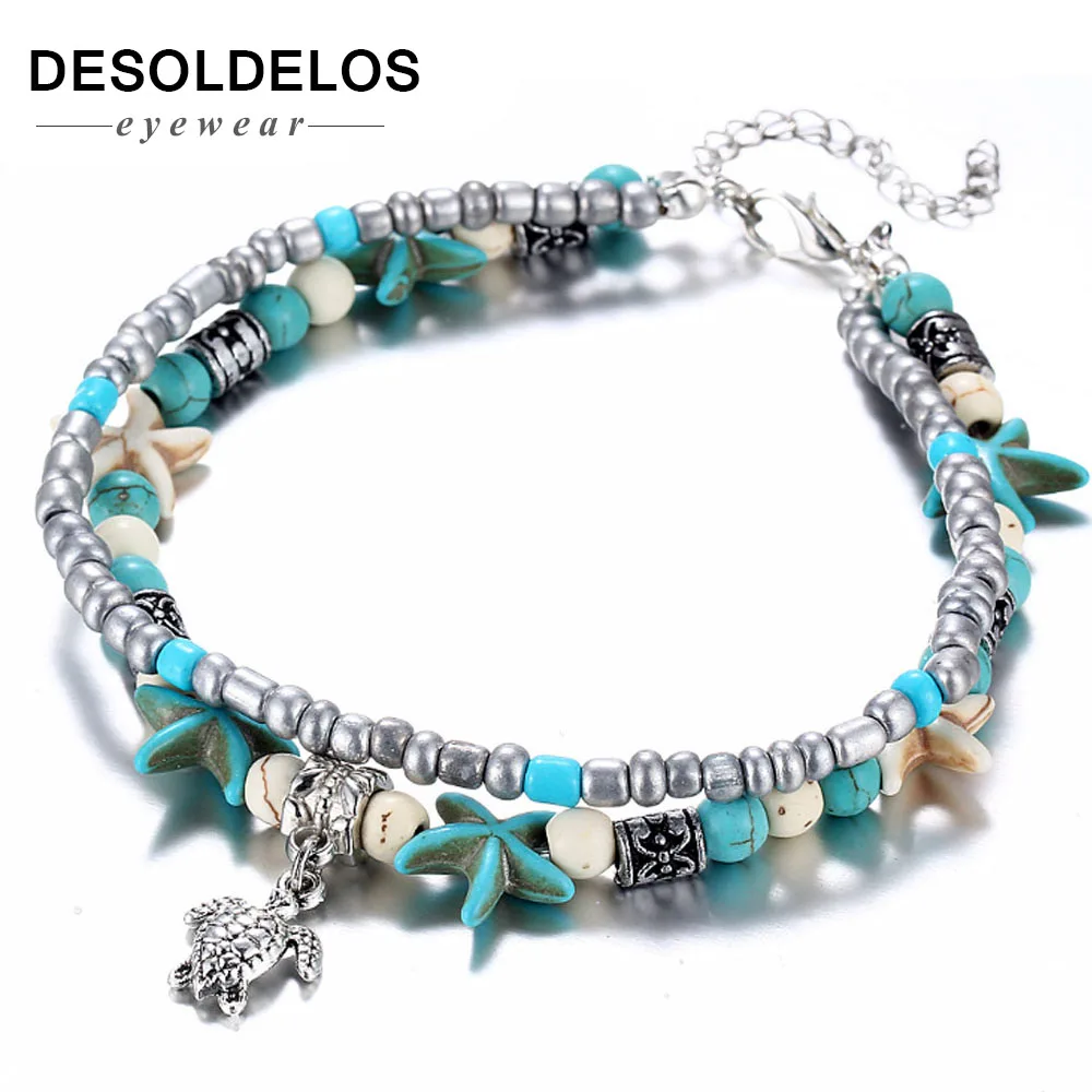 

Bohemian Crystal Stone Anklets Double Beach Foot Chain Conch Starfish Alloy Turtle Pendant Leg Bracelet Women Jewelry