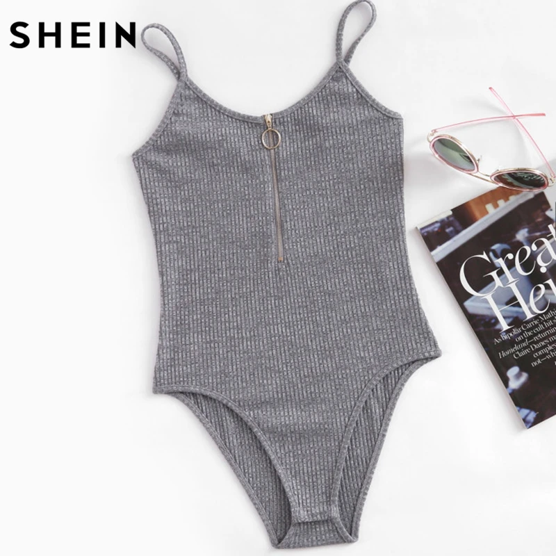 

SHEIN O-Ring Zipper Front Ribbed Cami Bodysuit Ladies Spaghetti Strap Sexy Bodysuit Grey Sleeveless Scoop Neck Casual Bodysuit