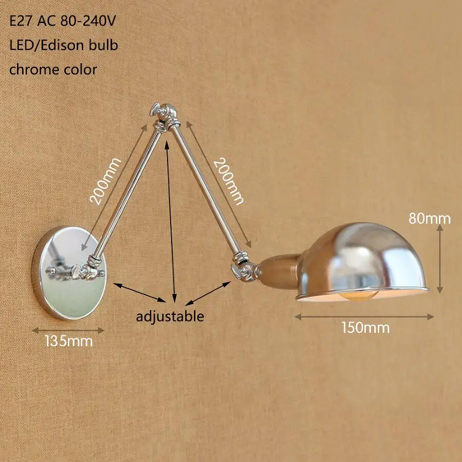 Лофт длинный поворотный рычаг промышленный латунный отрегулирующий настенный светильник бра E27 Настенные светильники для спальни подсветка на стену в ванную крыльцо освещение - Цвет абажура: chrome color