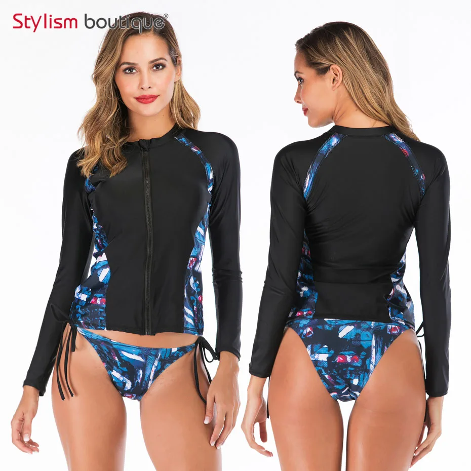 

2019 Black Patchwork Women Rashguard Long Sleeve Swimsuit Surfing Shirt Top Rash Guard 2 Piece Separate Swimwear Bathing Suit