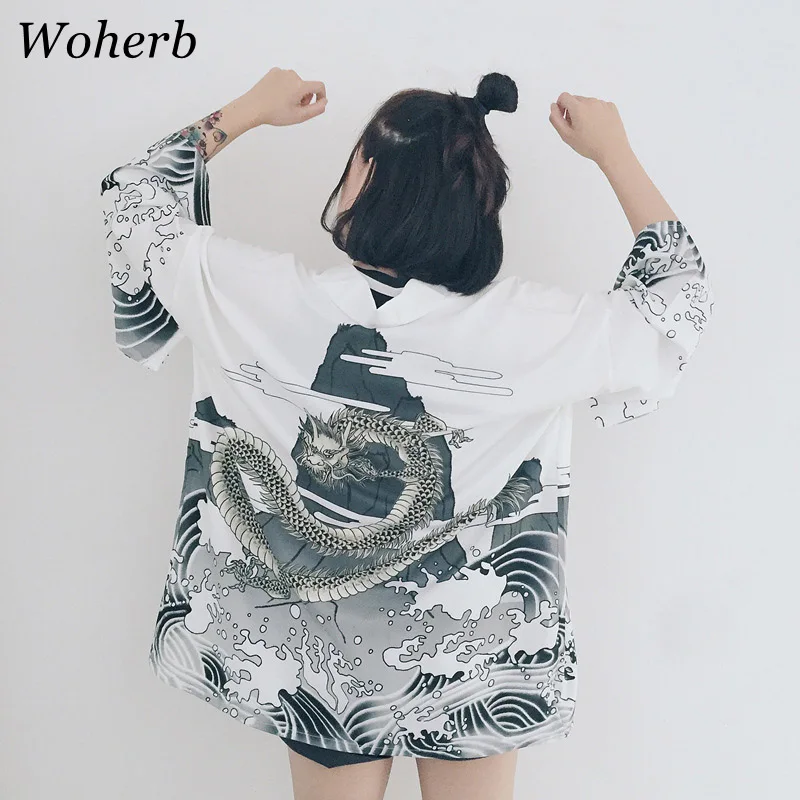 

Woherb Summer Harajuku Kimono Woman Clothes Japanese Kimonos Cardigan Print Vintage Dragon 2019 Sun Protection Coat 21001